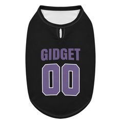 a black and purple dog shirt with the words gidgett 00 printed on it