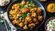 cauliflower with cilantro, parsley and white rice on a plate