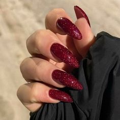 Red Sparkle Nails, Grad Nails, Red Nails Glitter, Dark Red Nails, Boho Nails, Red Acrylic Nails, Sparkle Nails, Sparkly Nails, Xmas Nails