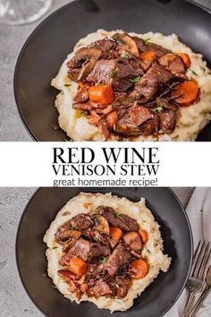 red wine venison stew with mashed potatoes and carrots in a cast iron skillet