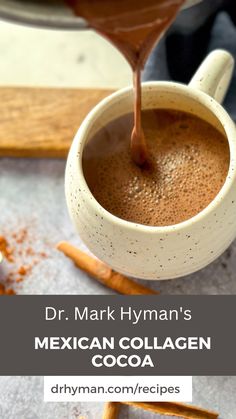 dr mark hyman's mexican collagen cocoa is being poured into a cup