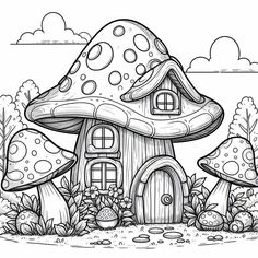 a mushroom house in the forest with trees and plants around it coloring page for adults