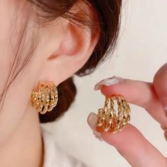 Metals Type: Copper alloy Material: 14k real gold plated and zirconia Earrings: length-1.8cm X1.4cm Makeup Themes, Gold Bride Jewelry, Link Earrings, Zirconia Earrings, Themed Outfits, Bride Jewellery, Designer Earrings, Real Gold