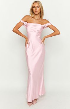 Light Pink Satin Off-Shoulder Bridesmaid Dress Pink Silk Off The Shoulder Dress, Dainty Formal Dress, Blush Pink Gown Bridesmaid, Bridesmaid Dresses Satin Pink, Light Pink Maxi Dress Formal, Prom Dress Bow Back, Pink Prom Dresses Simple, Light Pink Prom Dress Aesthetic, Modest Pink Bridesmaid Dresses