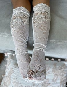 Petite Maison Kids. Dress up any outfit with these high quality Lace Socks with romantic antique flower print and scalloped edge. Socks are breathable and light. Hidden elastic trim. Color is White. One size fits 6M- 7 Years. Hand Wash. Knee Length Socks, Lace Socks, American Brand, Girls Wardrobe, Trim Color, Scalloped Edge, Signature Design, Floral Patterns, Flower Print