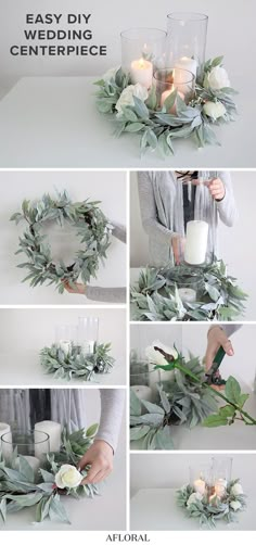 the steps to make a wreath with candles and greenery for centerpieces on a table