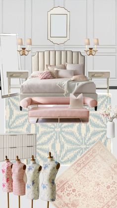 a bedroom with pink and white furniture, rugs, lamps and mirrors on the wall