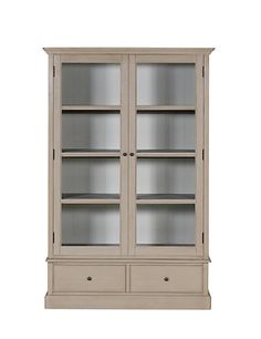 a white bookcase with glass doors on the front and bottom shelves, against a white background