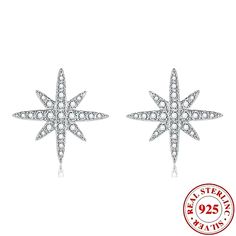 Solid Sterling Silver Settings S925 Platinum Plated Sterling 5a Cubic Zirconia Gemstones Hypoallergenic Approximately 15mm X 8mm Studded Earrings, Star Earrings Stud, Star Design, Star Studs, 925 Silver Jewelry, Exquisite Jewelry, 925 Sterling Silver Earrings, Boutique Jewelry, Star Designs