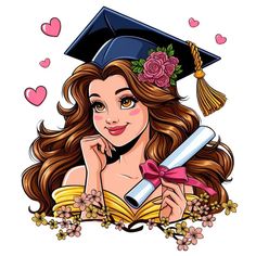 a woman wearing a graduation cap and gown with flowers on her head, holding a diploma