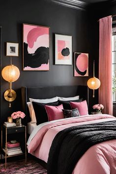 a bedroom with black walls, pink and white bedding and paintings on the wall