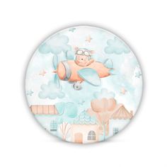 a round plate with a pig flying in the sky