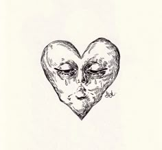 a black and white drawing of a face in the shape of a heart with eyes closed