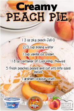 an ice cream sandwich with peaches on it and the recipe for creamy peach pie