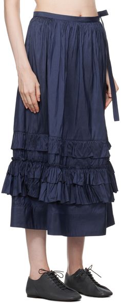 Silk taffeta skirt. Gathering and ruffled trim throughout. · Self-tie fastening at waist · Seam pockets Supplier color: Wilhelm Silk Tiered Skirt Bottoms With Ruffles, Silk Tiered Skirt With Ruffles, Skirt Gathering, Taffeta Skirt, Silk Taffeta, Mid Length Skirts, Apparel Accessories, Womens Bottoms, Midi Skirt