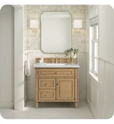 a bathroom vanity with a large mirror above it