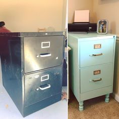 two pictures side by side one has a filing cabinet and the other has a computer on top