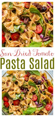 sun dried tomato pasta salad with spinach, tomatoes and other ingredients in a glass bowl