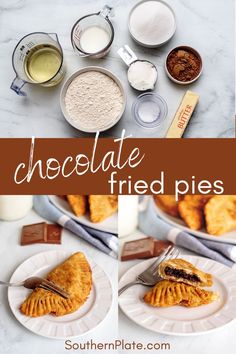 chocolate filled pies on white plates next to milk and other dessert items with text overlay