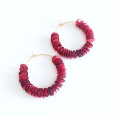 "Gold Hoop Earrings with Bright Red Hexagon Glittering Sequins, hoop size 3cm x 3cm. Handmade with care and love. Perfect statement earrings for the glamorous party. The collection Hula-la transforms our love for hula hoops into earrings! This chic glamorous beauty will definitely wins you a \"oh là là\" A range of colour combination available, see all colours from the collection: http://www.etsy.com/shop/ShopdePomme?ref=seller-platform-mcnav&search_query=collection+hula-la Or for the creative m Valentine's Day Party Hoop Earrings, Hoop Earrings For Valentine's Day Party, Valentine's Day Hoop Earrings For Party, Nickel-free Hoop Earrings For Party, Nickel Free Adjustable Hoop Earrings For Party, Trendy Red Jewelry For Festive Occasions, Trendy Red Festive Jewelry, Handmade Dangle Hoop Earrings For Party, Handmade Hoop Earrings For Party