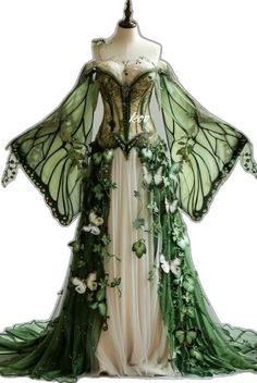 Fae Ball Dress, Nature Themed Dress, Green Fantasy Gown, Fairy Dresses Aesthetic, Fantasy Aesthetic Outfits, Fantasy Costume Ideas, Enchanted Forest Gown, Fairy Outfit Ideas, Plant Dress