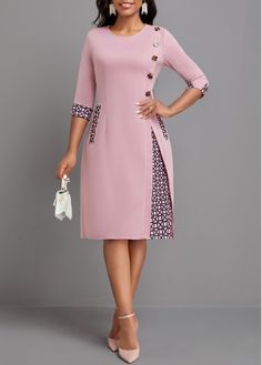 Geometric Print Button Pink A Line Dress Pink A Line Dress, Womens Skirt Suits, Office Dresses For Women, Flowy Design, African Design Dresses, Line Dress