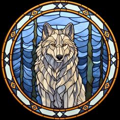 a stained glass window with a wolf on it