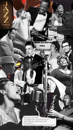 a collage of black and white photos with various people in the background, including one man singing into a microphone