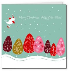 a christmas card with trees and a bird