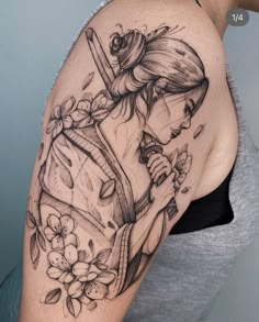 a woman with a clock and flowers on her arm