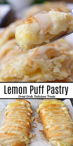 lemon puff pastry on a baking sheet with a spoon in it and the recipe below