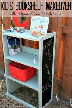 an old book shelf makeover with chalk paint and plastic baskets for kids to use