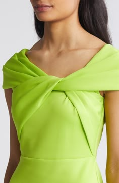 An artfully twisted neckline enhances the sophisticated appeal of a vivid cocktail dress cut from a stretchy scuba knit. 35" center front length (size 8) Back zip closure Off-the-shoulder neck Cap sleeves Lined 95% polyester, 5% spandex Machine wash, dry flat Imported One Sholder Cocktail Dress, Aqua Cocktail Dress, Twist Neck Dress, Sophisticated Cocktail Dress, Working Dresses, Cute Cocktail Dresses, Lime Green Dress, Twist Dress, Star Wars Fashion