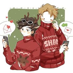 two people in red sweaters holding cell phones with hearts on their faces and texting