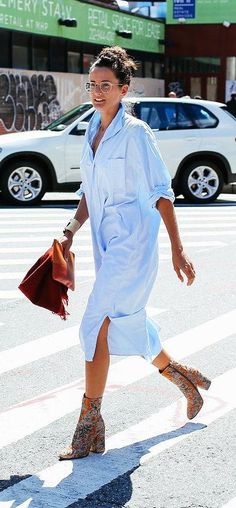 Lucy Chadwick in a blue shirt dress and Stella McCartney boots | @andwhatelse Woman Walking, Oversized Shirt Dress, Blue Shirt Dress, Fall Street Style, Street Chic, Shirtdress, Style Blog