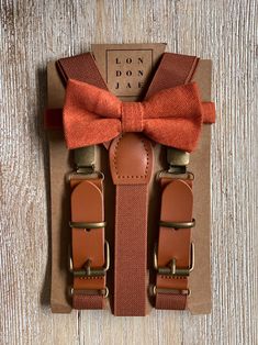 Cognac Brown Suspender with Burnt Orange Bow Tie Set – London Jae Apparel Fall Ring Bearer Outfit, Ring Bearer Suspenders Bow Tie, Rustic Wedding Outfit, Burnt Orange Bow Tie, Orange Bow Tie, Wedding Suspenders, Suspenders For Men, Brown Suspenders, Orange Wedding Colors