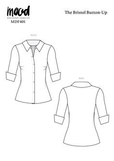 the front and back view of a women's blouse sewing pattern, with an open collar