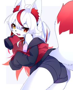 an anime character with white hair and red eyes, wearing a black outfit and holding a cat's tail