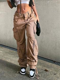 Flap Pocket Baggy Cargo Jeans Vintage Multi Pocket Patched Cargo Jeans - AnotherChill Cargo Pants Women Baggy, Cargo Pants Baggy, Jeans Online Store, Y2k Cargo Pants, Brown Cargo Pants, Chique Outfit, Women Long Cardigan, Baggy Cargo Pants, Cargo Pants Outfit