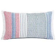 a blue and red striped pillow on a white background