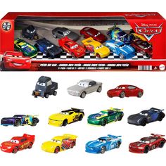 disney pixars die cast cars are shown in the box with each car on it's side