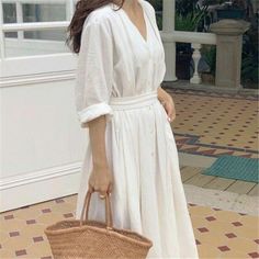 Women Fashion Casual Summer V-neck Long Belt Button Loose White Fairy Dress Date Loose Shirt Dress, Long Dresses Elegant, Spring Dresses Women, White Linen Dresses, Cotton Long Dress, Long White Dress, Plus Size Vintage, Womens Vintage Dresses, Vestidos Vintage