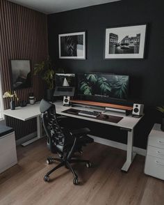 Home Office Dark, Studio In Casa, Modern Home Offices, Minimalist Desk, Workspace Design, Game Room Design, Modern Home Office