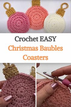 crochet easy christmas baubles coasters with text that reads, crochet easy christmas baubles coasters coasters