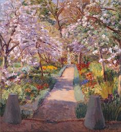 a painting of a garden with trees and flowers in bloom, along side a path