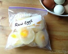 an egg bag with raw eggs in it next to a bowl of eggs on a table