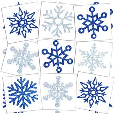 six snowflakes are shown in blue and white