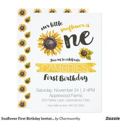 a birthday party card with sunflowers and the words, one is an incredible first birthday