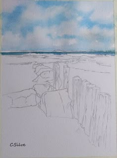 a drawing of a beach scene with the ocean in the background and clouds in the sky