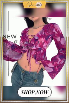 Floral Crop Top Y2k Aesthetic Women Deep V Neck Long Flare Sleeve Tie Up Front T Shirt Fairycore Grunge Clothes Fitted Barbiecore Tops, Purple Y2k Crop Top For Summer, Purple Y2k Style Summer Crop Top, Fairy Grunge Fitted Summer Tops, Fitted Fairy Grunge Tops For Festivals, Fairy Grunge Fitted Festival Tops, Y2k Long Sleeve Blouse, Y2k Long Sleeve Festival Tops, Y2k Festival Crop Top